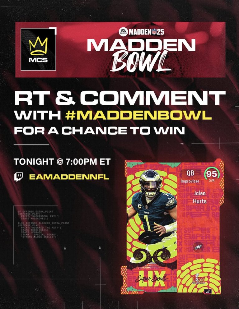 💥95 OVR Jalen Hurts MUT25 GIVEAWAY💥

The #MaddenBowl Finals is Starting Now! 
Fancy vs JonBeast for the Belt &amp; $250,000!

Rules ⤵️ (Picking 1 Winner)
- RT &amp; Comment #MaddenBowl + Who you Have Winning!
- Make sure you tune into the stream Live Now twitch.tv/eamaddennfl