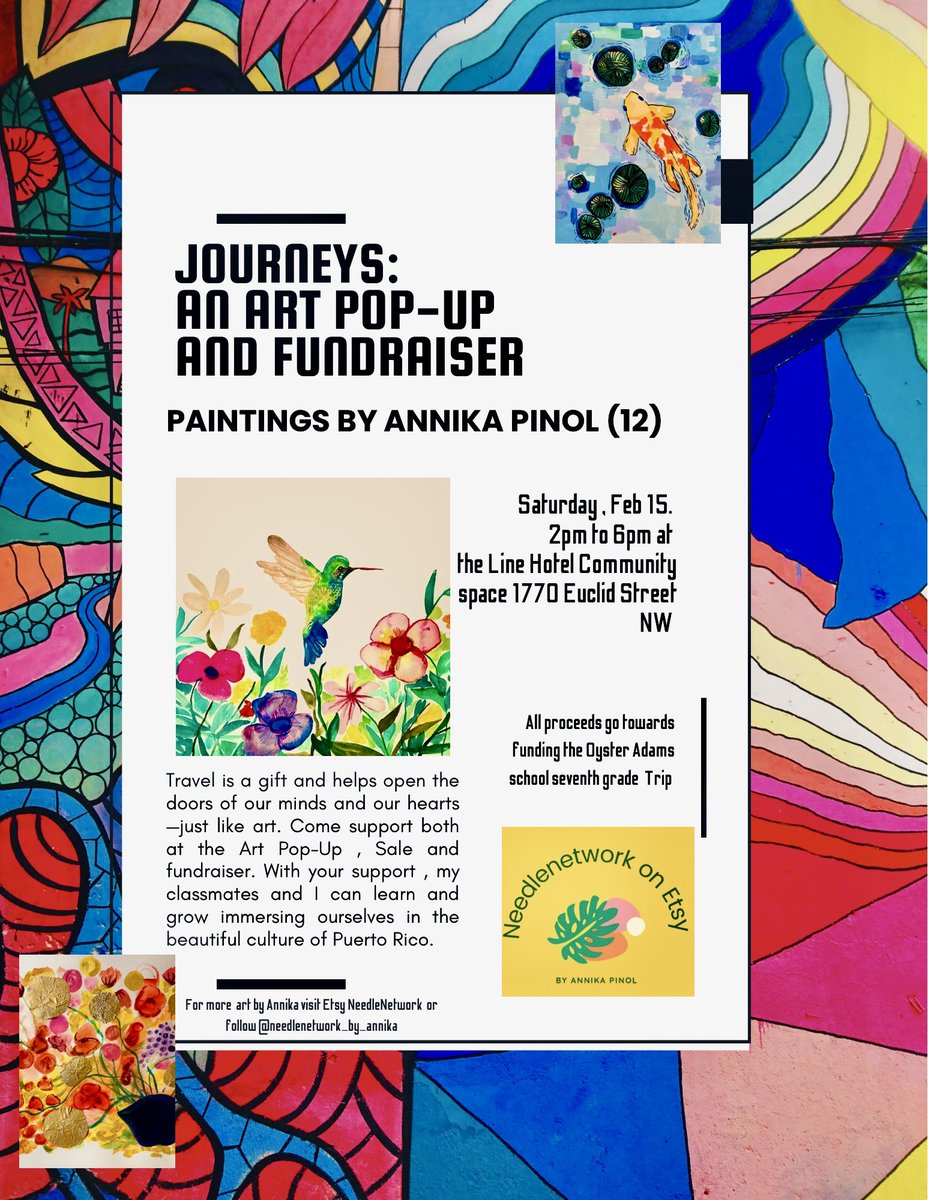 arunima1212's tweet image. DC friends, next Saturday, February 15th stop by the Line Hotel community space for “Journeys”, 12 year old Annika’s Art Pop-Up and fundraiser for her school trip. For more of Annika’s art please visit Annika’s etsy store: etsy.com/shop/NeedleNet… @PoPville @chefjoseandres