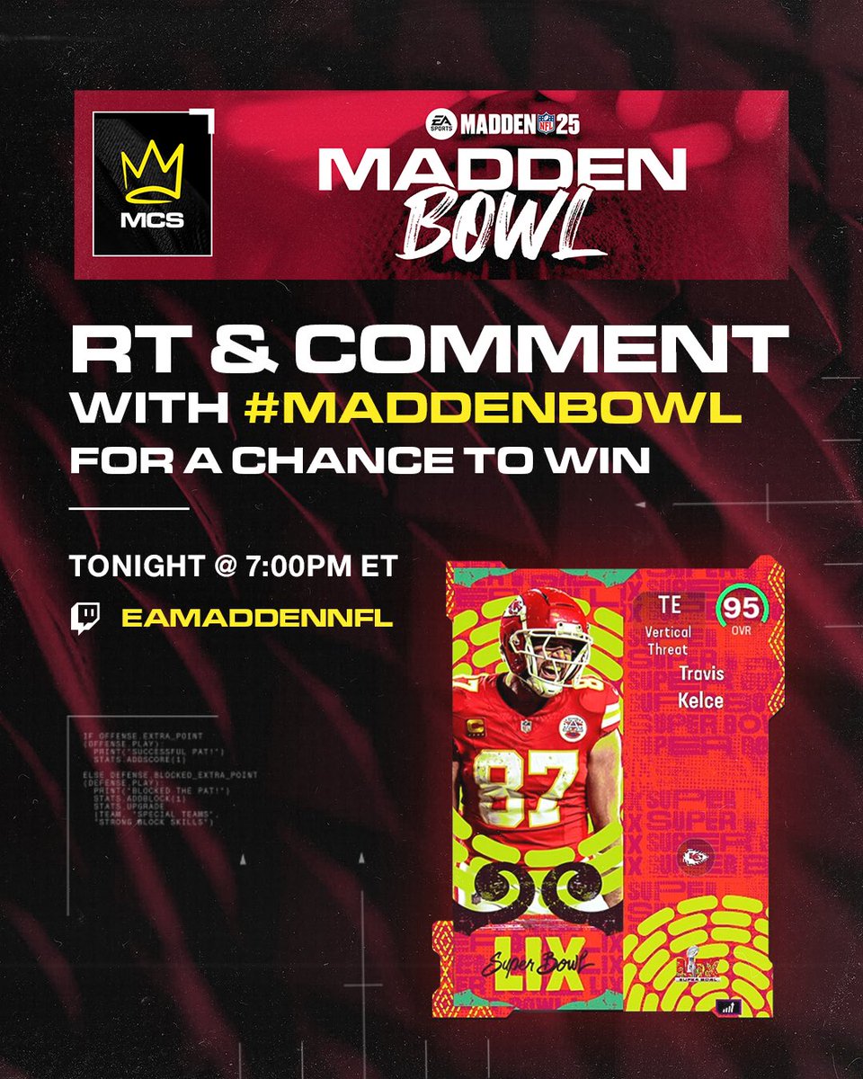 🚨 WE LITTY!!!! 🚨

Follow + RT + Comment #MaddenBowl for a chance to win this 95 OVR Travis Kelce card 🍢

In order to win, you've got to participate ❤️

Who you got as <a href="/EAMaddenNFL_MCS/">Madden Championship Series</a> champion? 🏆

Tune in to tonight’s broadcast NOW 👇 

🖥️ twitch.tv/laurenwkr