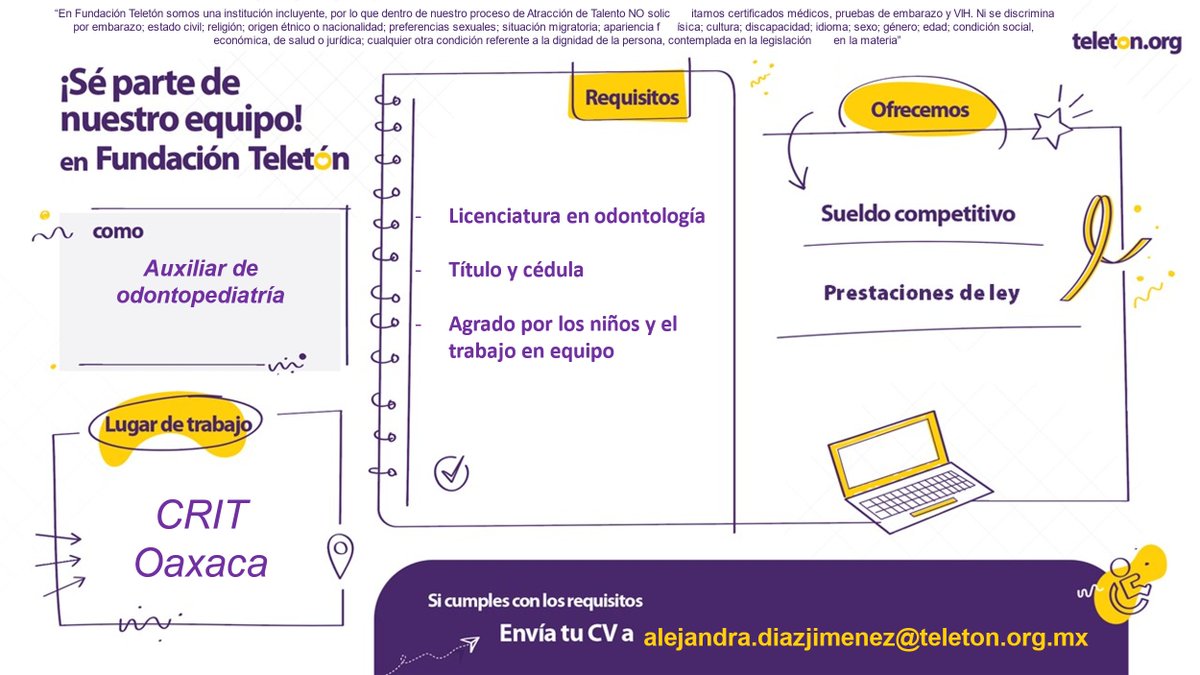 critoaxaca's tweet image. Únete a la familia CRIT Oaxaca 📷
Envía tu CV a la siguiente dirección de correo electrónico:  alejandra.diazjimenez@teleton.org.mx
#TodosSomosTeletón