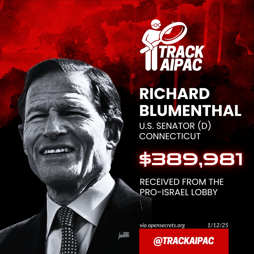 AIPAC Tracker (@trackaipac) on Twitter photo <a href="/SenBlumenthal/">Richard Blumenthal</a> That you thought it was acceptable to meet with him at all speaks volumes. You are complicit in this genocide. #BribedByAIPAC
x.com/SenBlumenthal/… <a href="/SenBlumenthal/">Richard Blumenthal</a> That you thought it was acceptable to meet with him at all speaks volumes. You are complicit in this genocide. #BribedByAIPAC
x.com/SenBlumenthal/…