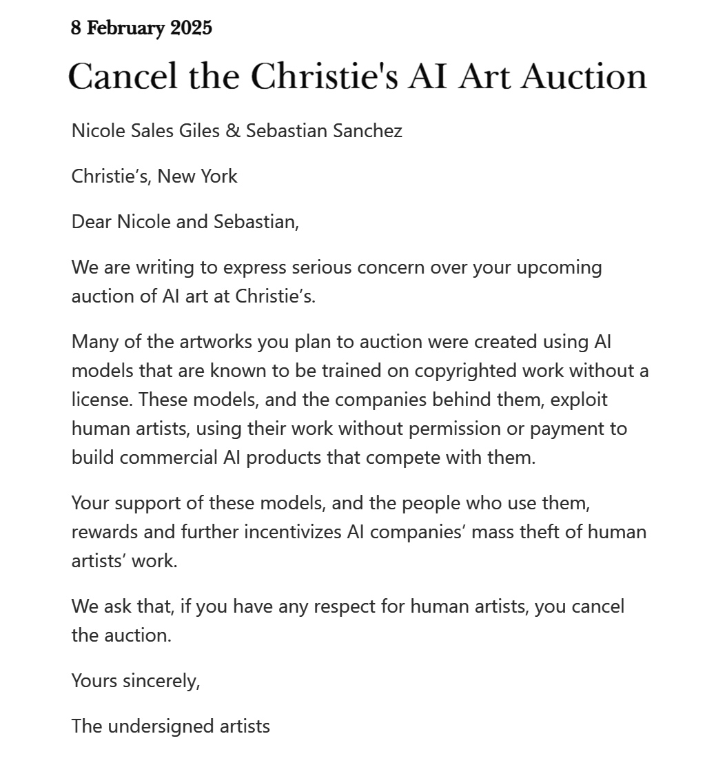 Reid Southen (@rahll) on Twitter photo 🔴CALLING ALL ARTISTS🔴
<a href="/ChristiesInc/">Christie's</a> is planning an AI art auction expected to bring in over $600,000 to creators who've used models trained on copyrighted material from non-consenting artists.
If you object to this, please sign this open letter.
openletter.earth/cancel-the-chr… 🔴CALLING ALL ARTISTS🔴
<a href="/ChristiesInc/">Christie's</a> is planning an AI art auction expected to bring in over $600,000 to creators who've used models trained on copyrighted material from non-consenting artists.
If you object to this, please sign this open letter.
openletter.earth/cancel-the-chr…