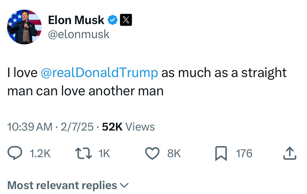 Place1931's tweet photo. Breaking News: Elon Musk comes out gay. https://t.co/yMjxzUkvOs