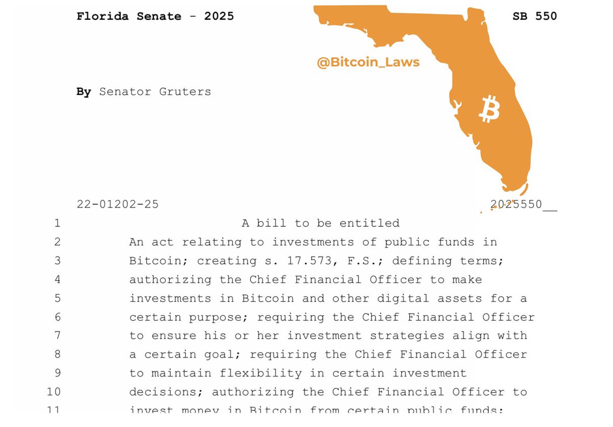 julianfahrer's tweet image. 🚨 NEW: FLORIDA BITCOIN RESERVE BILL

FL SB550 would allow investment of 10% of public funds into Bitcoin!