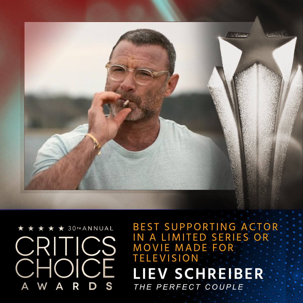 CriticsChoice's tweet image. Congratulations to Liev Schreiber, winner of the Critics Choice Award for Best Supporting Actor in a Limited Series or Movie Made for Television.

#CriticsChoice #CriticsChoiceAwards #theperfectcouple @eentertainment