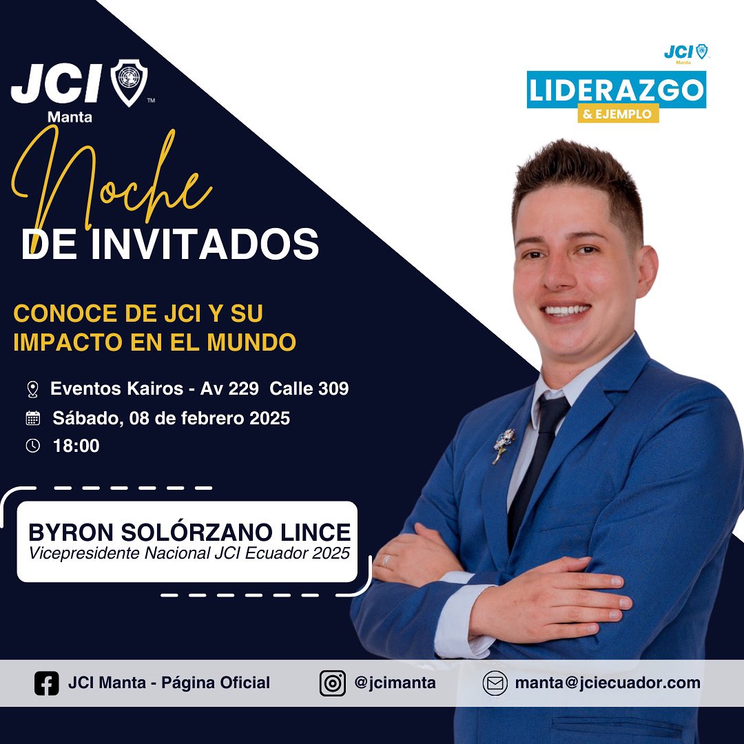 JCIManta's tweet image. 🚀 ¡Descubre la JCI y todo lo que hacemos! 🌎✨

🎤 Nuestro host para la inducción será Byron Solórzano, miembro de Manta y Vicepresidente Nacional de JCI Ecuador, te contará todo sobre nuestros proyectos y cómo puedes ser parte de esta red de jóvenes agentes de cambio.