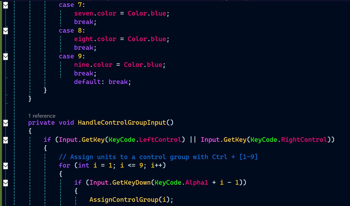 Obli_Studios's tweet photo. #progression I did it 😊 #IndieGameDev #indiegames #programmer #noHelpNeeded #CoffeeTime #FoodTime time to work on deleting buildings 😅
missing code:
    public Image one, two, three, four, five, six, seven, eight, nine, zero;
    private Dictionary<int, List<GameObject>> controlGroups = new Dictionary<int, List<GameObject>>();// Control groups (1-9)

    DeselectAllUnits();

    foreach (GameObject unit in controlGroups[groupNumber])
    {
        if (unit != null)
        {
            selectedUnits.Add(unit);
        }
    }
}
private void DeselectAllUnits()
{
    selectedUnits.Clear();
}