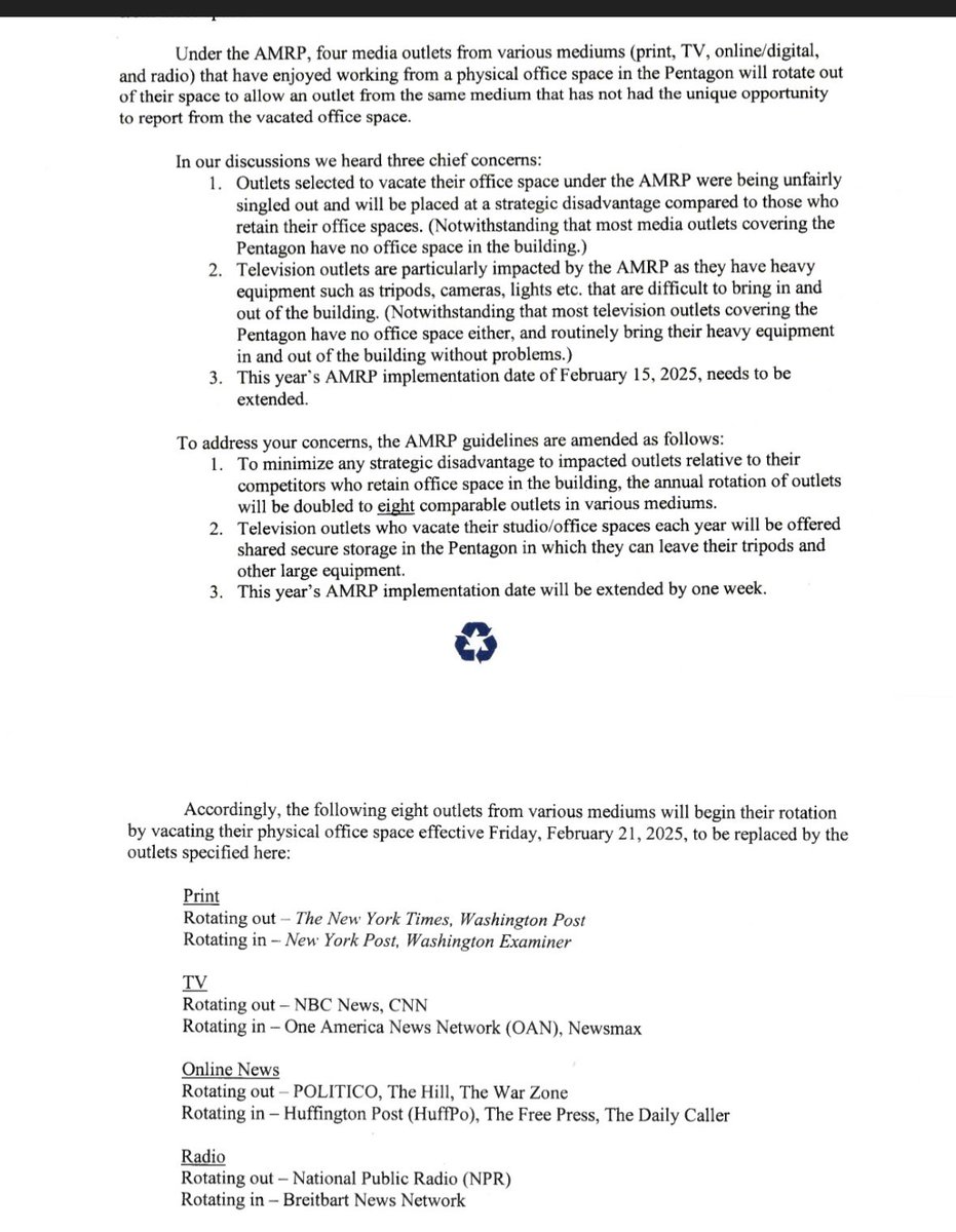 Konstantin Toropin (@ktoropin) on Twitter photo Wow.
<a href="/SecDef/">Secretary of Defense Pete Hegseth</a> and his admin has decided that after the press voices concerns over losing office space, they will DOUBLE the ousters.
They boot <a href="/wapo/">The Washington Post</a>, <a href="/CNN/">CNN</a>, <a href="/thehill/">The Hill</a>, and <a href="/thewarzonewire/">The War Zone</a>
…and add <a href="/dcexaminer/">Washington Examiner</a>, <a href="/NEWSMAX/">NEWSMAX</a>, <a href="/DailyCaller/">Daily Caller</a>, <a href="/freepress/">Free Press</a> Wow.
<a href="/SecDef/">Secretary of Defense Pete Hegseth</a> and his admin has decided that after the press voices concerns over losing office space, they will DOUBLE the ousters.
They boot <a href="/wapo/">The Washington Post</a>, <a href="/CNN/">CNN</a>, <a href="/thehill/">The Hill</a>, and <a href="/thewarzonewire/">The War Zone</a>
…and add <a href="/dcexaminer/">Washington Examiner</a>, <a href="/NEWSMAX/">NEWSMAX</a>, <a href="/DailyCaller/">Daily Caller</a>, <a href="/freepress/">Free Press</a>