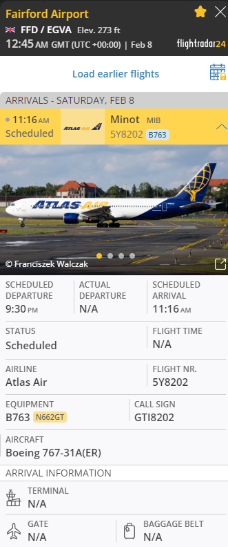 Andyyyyrrrr's tweet image. #GTI8202 Due into RAF Fairford #EGVA Tomorrow from Minot Air Force Base #KMIB with Maintenance and Ground Crew to Support the Upcoming #BTF 25-2. #B52
Looking Likely the BTF Will be Starting Early Next Week.
Scheduled Arrival for Around 1115L.
#5Y8202 Tail : #N662GT