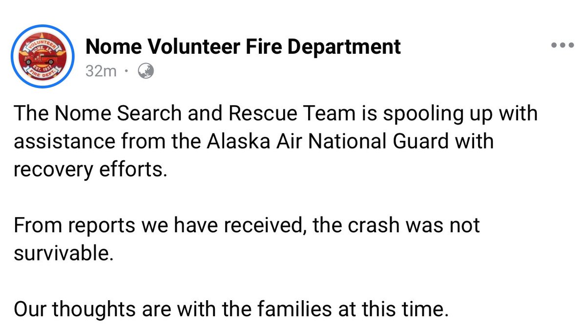 geotechwar's tweet photo. Missing commuter plane found crashed on Alaska sea ice and all 10 aboard died, authorities say.
#Bering_Air_Flight #Nome #Alaska #Missing_Plane

Nome Volunteer Fire Department:
The Nome Search and Rescue Team is spooling up with assistance from the Alaska Air National Guard with recovery efforts.

From reports we have received, the crash was not survivable.

Our thoughts are with the families at this time.
