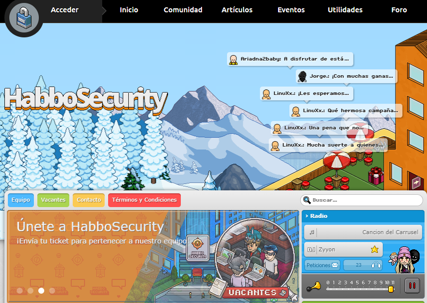 Sintoniza a Dj :.:Zyyon:.: por <a href="/ESHabboSecurity/">HabboSecurity</a> 
Siguenos a la sala de HS  habbo.es/room/125071030
Sorteo por radio con premio en sala