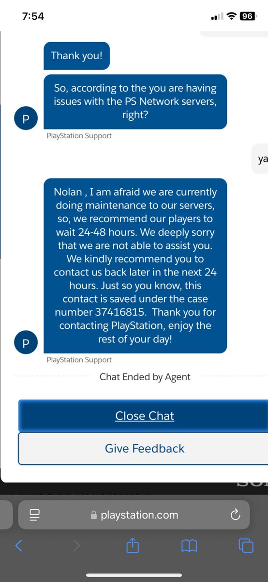 nolan61857678's tweet photo. 24-48 hours??😭😭😭😭. Then proceeds to end the chat the second they send that paragraph. GARBAGE COMPANY @PlayStation 
#PlayStation #PlayStationNetworkDown #garbage https://t.co/XhHAfqBb6A