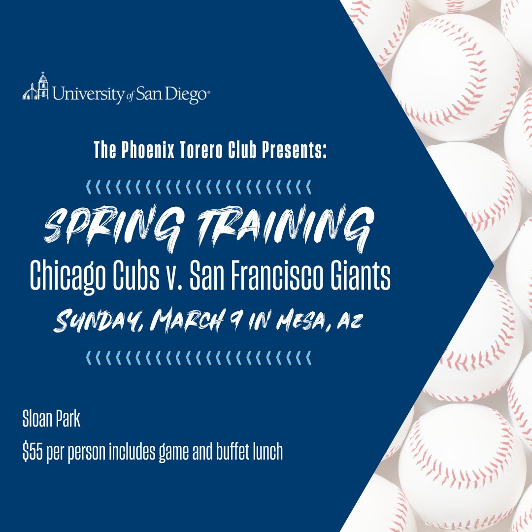 Join fellow USD Phoenix alumni, parents, and friends at a Cubs Spring Training game vs. the San Francisco Giants! 

Cubs vs. Giants Spring Training Game 2025
Sunday, March 9 at 12pm (Sloan Park )

REGISTER | bit.ly/4htQuQP