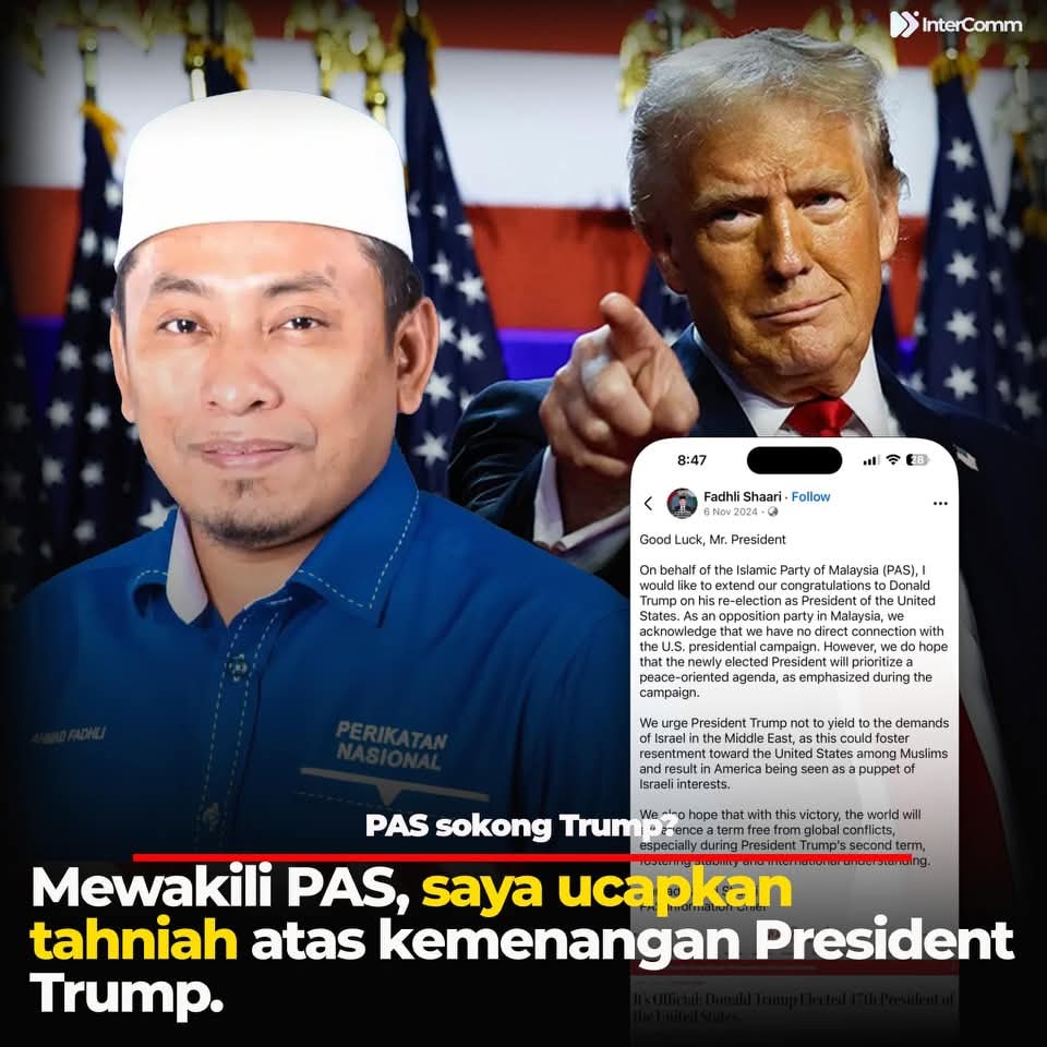 ASSUOfficial's tweet photo. Ketua Pemuda PAS Fadhli Shaari ucap Tahniah kepada Trump, WALAUN tak kata apa² ker? Senyap jer... Ke korang pun tali barut Amerika jugak?  

Ini kalau pemimpin UMNO yang beri ucapan Tahniah mahu setahun tak habis kena maki hamun, keluar dalil dan fatwa semua, tak gitu WALAUN? https://t.co/ND8r4pK0w0