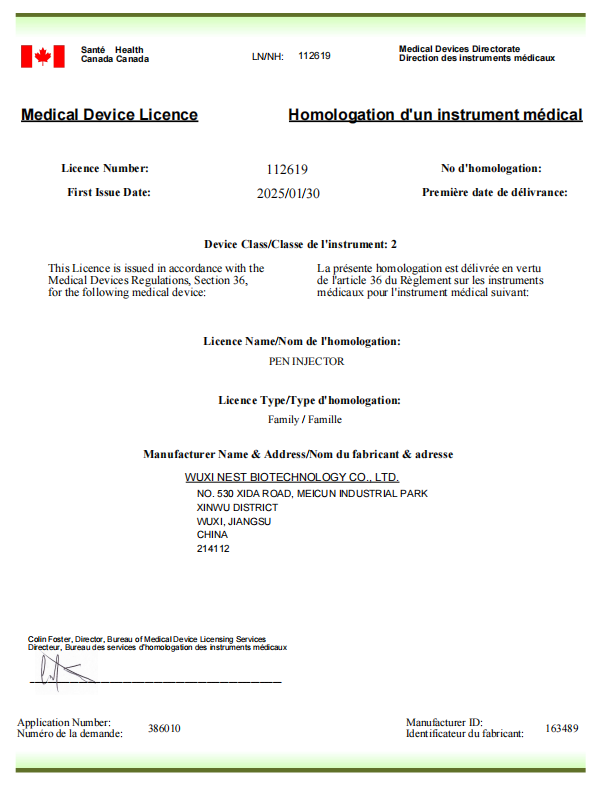 NESTBiotechnol1's tweet image. 🎉Pen Injector Obtains Medical Device Licence in Canada!✨
🚀The disposable pen injector independently developed by Nest successfully passed the Medical Device License (MDL) from the Canadian Ministry of Health once again!👏👏
Licence Number: 112619
#NestBiotech #PenInjector #MDL