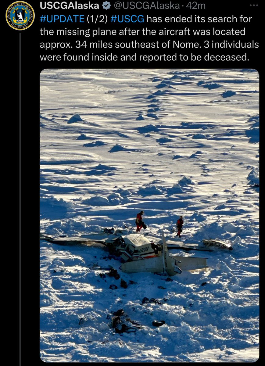 geotechwar's tweet photo. Coast Guard: No survivors in crash of Alaska plane carrying 10 people. 

#Bering_Air_Flight #Nome #Alaska #Missing_Plane https://t.co/Ul5vzJoqnW