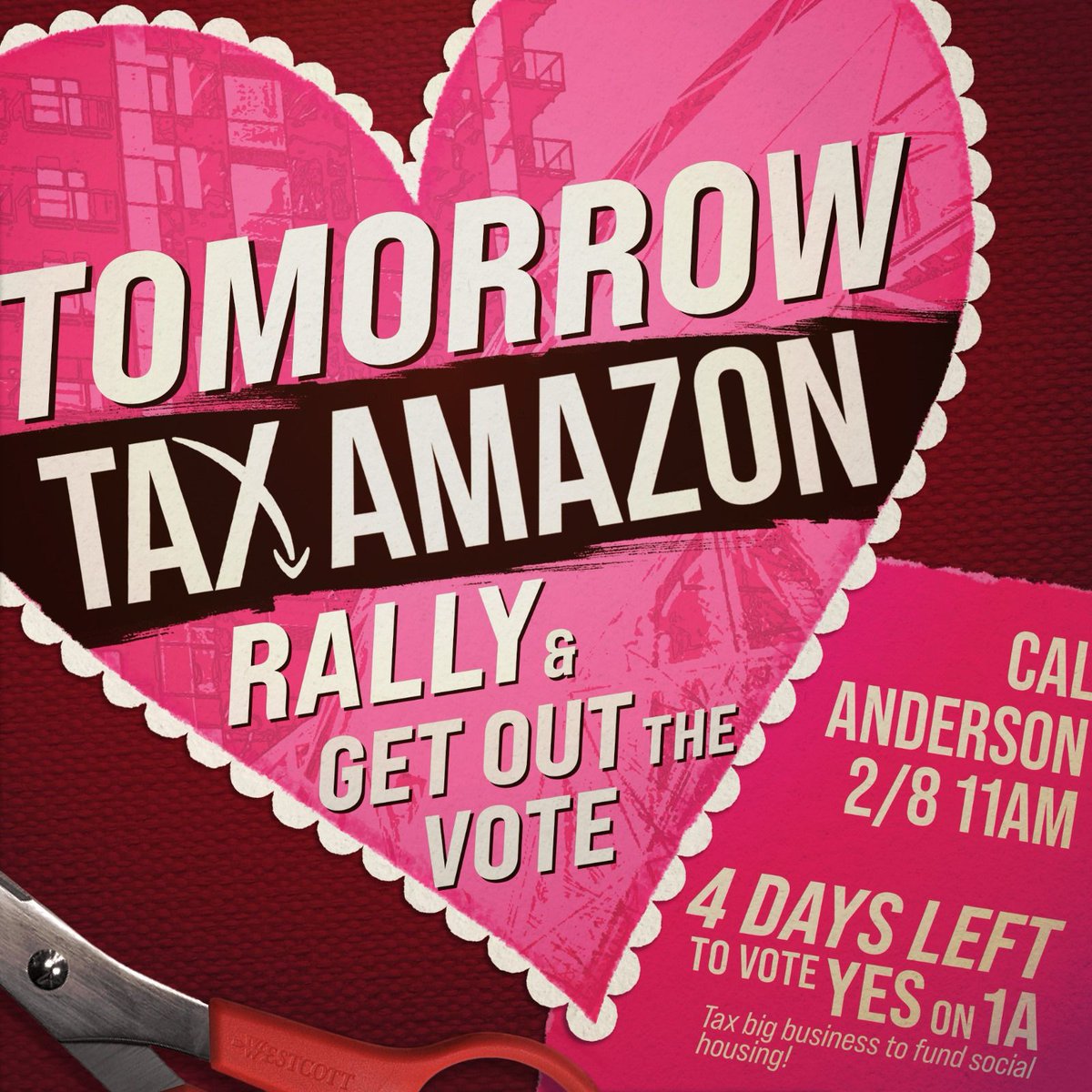 TOMORROW 2/8: join us at the Tax Amazon / Unionize Amazon Rally &amp; Get Out the Vote canvass in Seattle @ 11 am! workersstrikeback.org/events/tax-ama…

There are 4 DAYS LEFT to vote “YES on 1A” to tax big business to fund social housing in Seattle. Big business and the Democrats are going all