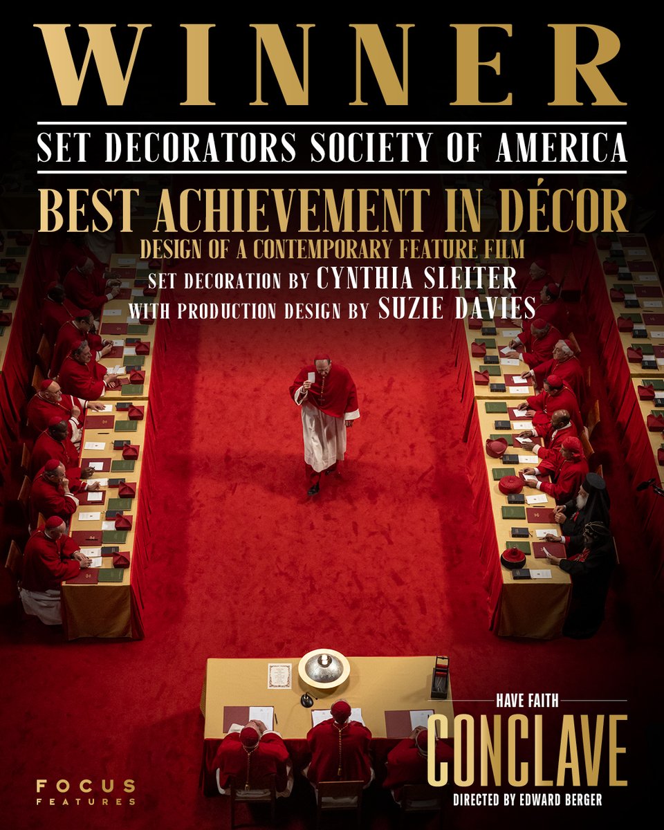Congratulations to Cynthia Sleiter and Suzie Davies on their #SDSA Award WIN for Best Achievement In Décor/Design Of A Contemporary Feature Film, CONCLAVE.