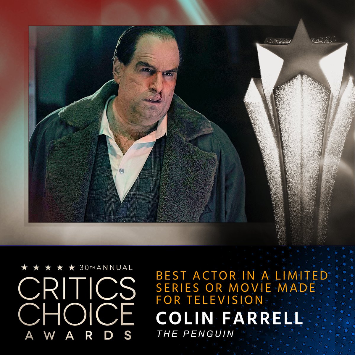 Critics Choice Awards (@criticschoice) on Twitter photo Congratulations to Colin Farrell, winner of the Critics Choice Award for Best Actor in a Limited Series or Movie Made for Television. #CriticsChoice #CriticsChoiceAwards #ThePenguin
<a href="/TheBatman/">The Penguin</a>
<a href="/eentertainment/">E! Entertainment</a> Congratulations to Colin Farrell, winner of the Critics Choice Award for Best Actor in a Limited Series or Movie Made for Television. #CriticsChoice #CriticsChoiceAwards #ThePenguin
<a href="/TheBatman/">The Penguin</a>
<a href="/eentertainment/">E! Entertainment</a>