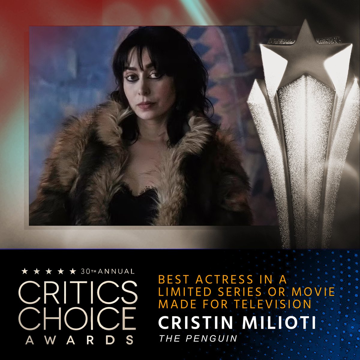 Critics Choice Awards (@criticschoice) on Twitter photo Congratulations to Cristin Milioti, winner of the Critics Choice Award for Best Actress in a Limited Series or Movie Made for Television. #CriticsChoice #CriticsChoiceAwards #ThePenguin
<a href="/TheBatman/">The Penguin</a>
<a href="/eentertainment/">E! Entertainment</a> Congratulations to Cristin Milioti, winner of the Critics Choice Award for Best Actress in a Limited Series or Movie Made for Television. #CriticsChoice #CriticsChoiceAwards #ThePenguin
<a href="/TheBatman/">The Penguin</a>
<a href="/eentertainment/">E! Entertainment</a>