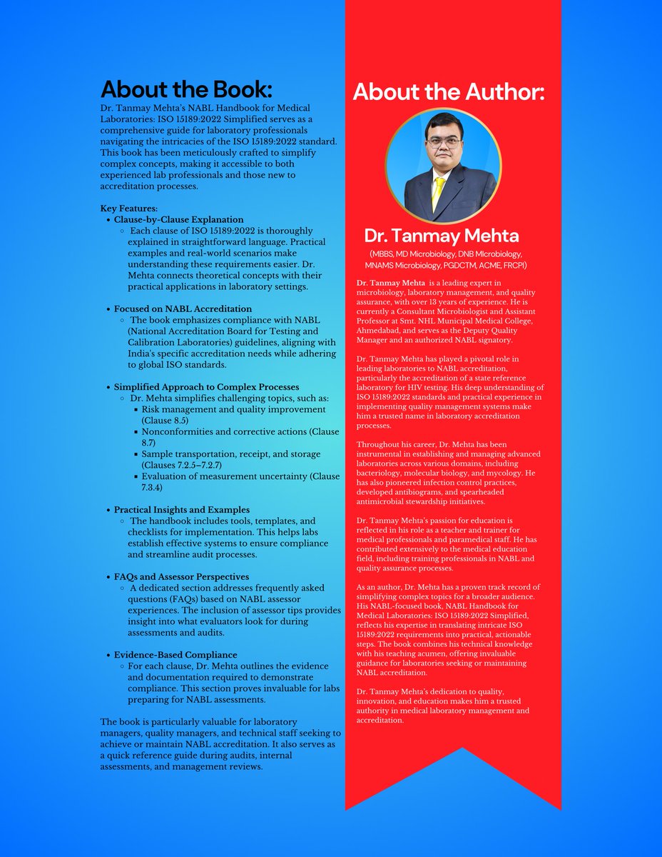 Really happy to share launch of new book “NABL Handbook for Medical Laboratories: ISO 15189:2022 Simplified” serves as a comprehensive guide for laboratory professionals.
Hardcover book is available at 

Hardcover at amzn.in/d/d2YBShd

Ebook at amzn.in/d/5bvTMrQ