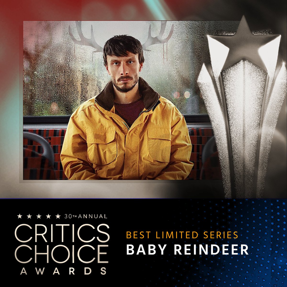 CriticsChoice's tweet photo. Congratulations to Baby Reindeer, winner of the Critics Choice Award for Best Limited Series.  #CriticsChoice #CriticsChoiceAwards #BabyReindeer
@netflix 
@eentertainment https://t.co/AZkiPm3JSE