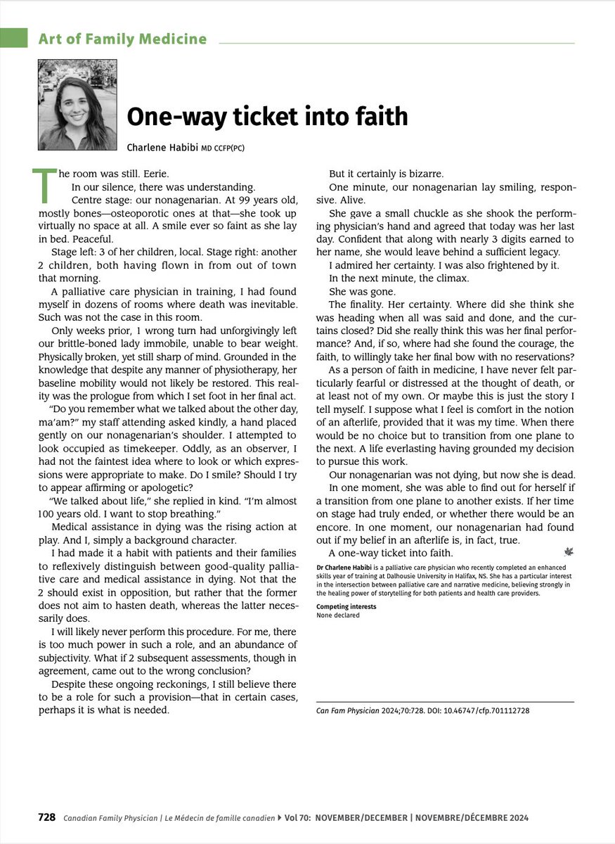Charlene Habibi (@charlenehabibi) on Twitter photo A little piece written shortly after witnessing my first MAiD (Medical Assistance in Dying) procedure as a palliative care fellow. Thank you, <a href="/CFPJournal/">Canadian Family Physician</a> 🙏🏽
Reflections around « faith » from various perspectives.
Link to the full article: cfp.ca/content/70/11-… A little piece written shortly after witnessing my first MAiD (Medical Assistance in Dying) procedure as a palliative care fellow. Thank you, <a href="/CFPJournal/">Canadian Family Physician</a> 🙏🏽
Reflections around « faith » from various perspectives.
Link to the full article: cfp.ca/content/70/11-…
