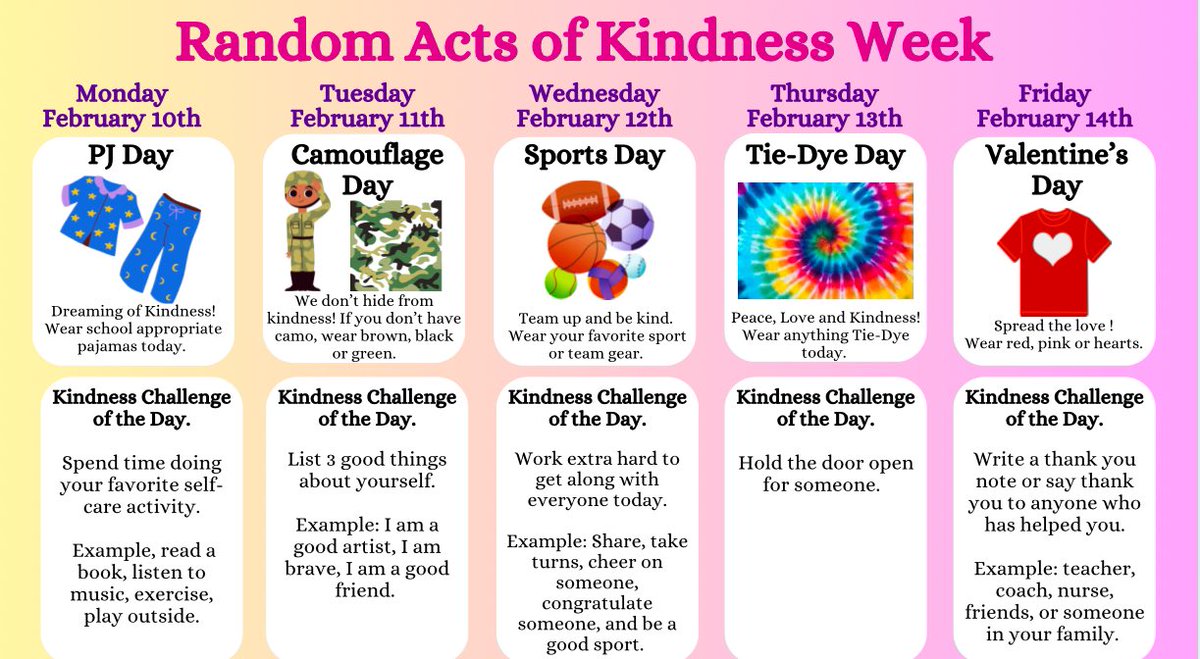 Rachel Ayala (@mrsr_ayala) on Twitter photo Next week we are celebrating Random Acts of kindness. Our Kindness Club students came up with the dress up days and daily challenges to help our Patriots spread kindness. <a href="/NISDAdamsHillES/">Adams Hill Elem</a> #randomactsofkindness Next week we are celebrating Random Acts of kindness. Our Kindness Club students came up with the dress up days and daily challenges to help our Patriots spread kindness. <a href="/NISDAdamsHillES/">Adams Hill Elem</a> #randomactsofkindness
