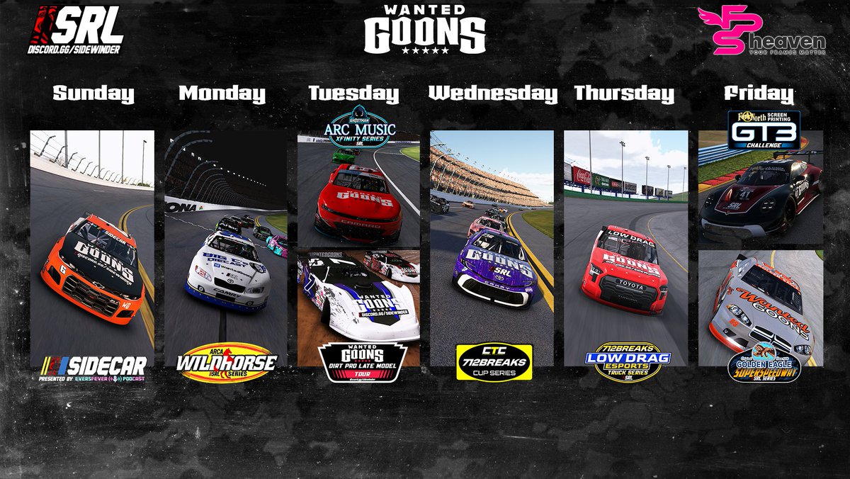 WG Weekly schedule!
Sun: Sidecar- 7:40PM
Mon: Wildhorse ARCA Series- 8:35PM
Tues: WG Dirt Late Models- 8:35PM
Tues: Arc Music Xfinity Series- 8:35PM
Wed: CTC Cup Series- 8:35PM
Thurs: LowDrag Truck Series- 7:40PM
Fri: FWSP GT3 Series- 7:40PM
Fri: Golden Eagle SS Series- 8:35PM