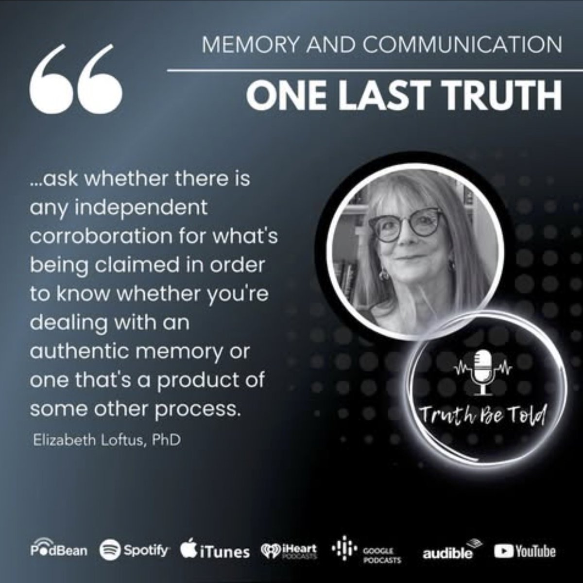 Psychological science, criminology, law &amp; society, and law Distinguished Professor <a href="/eloftus1/">Elizabeth Loftus</a> of <a href="/UCIrvine/">UC Irvine</a> emphasizes the importance of understanding memory fallibility in both personal and legal contexts, on the <a href="/TruthBeToldCFI/">Truth Be Told</a> podcast. tinyurl.com/ELtruthpod