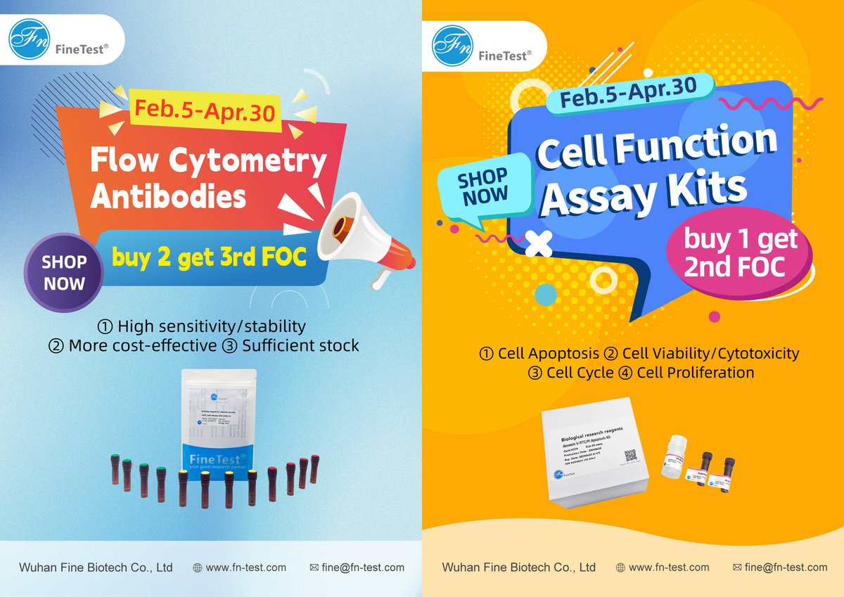 Fine_Biotech's tweet image. 2025 Spring Sale, Don&apos;t miss this chance!

Flow Cytometry Antibodies:   Buy Two, Get One Free
Learn More:   bit.ly/4jNYvlG

Cell Function Assay Kits:  Buy One, Get One Free
Learn More:   bit.ly/3CKKkwZ

#FlowCytometry, #CellFunction, #CellBiology
