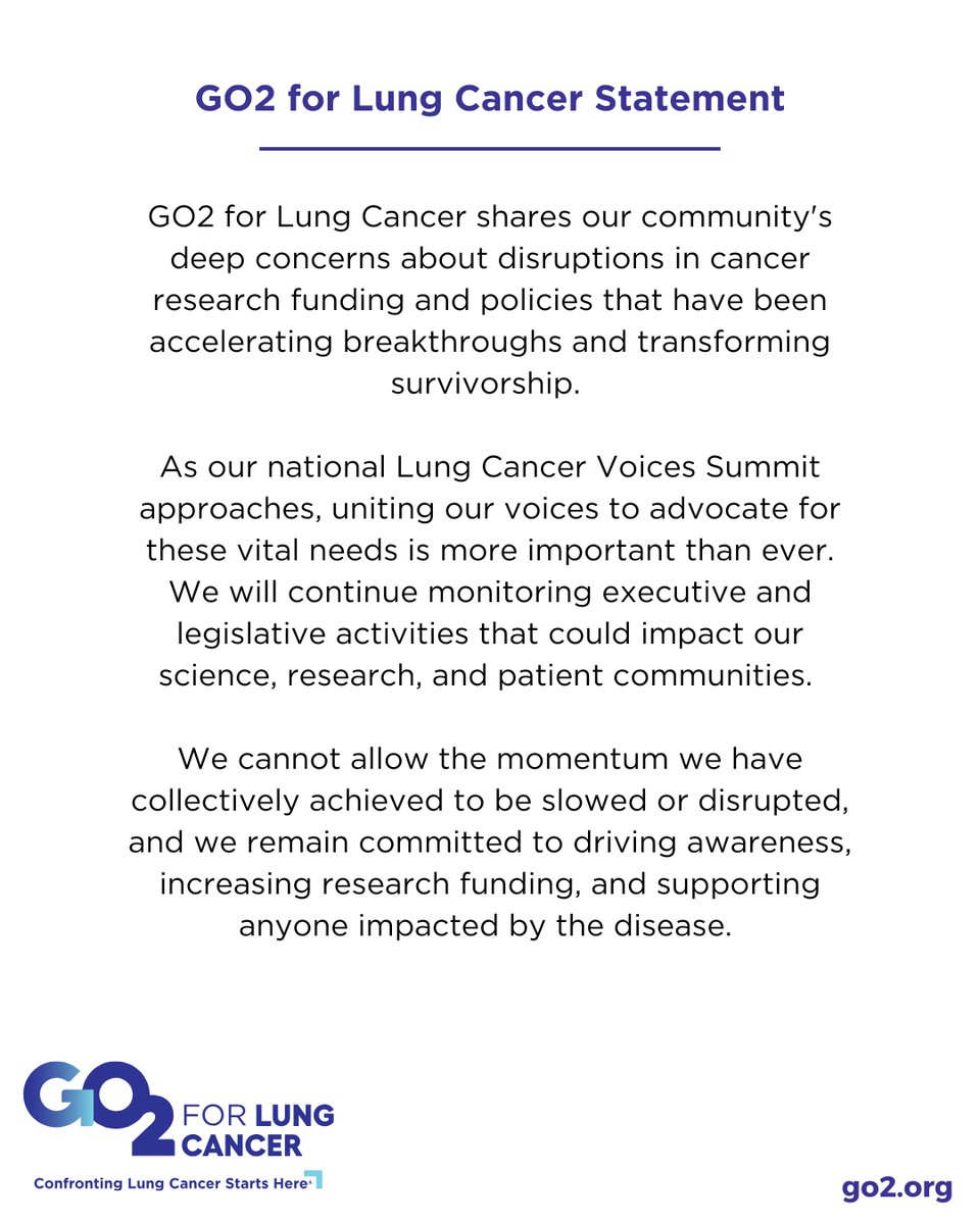 Lung cancer research progress is at risk, but our commitment is unwavering. We must protect the momentum that drives breakthroughs &amp; saves lives. As our Lung Cancer Voices Summit nears, we stand united to advocate for funding &amp; policies that fuel hope &amp; progress. #CancerResearch