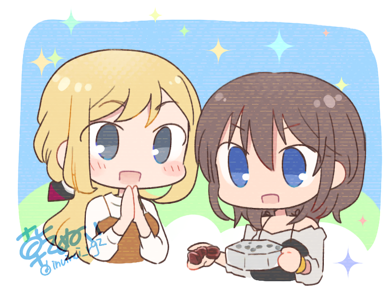「リタさん悠都ちゃん。北九州のネジチョコとかリタさん好きそうーと思って描いたやつ 」|乾ぬいのイラスト