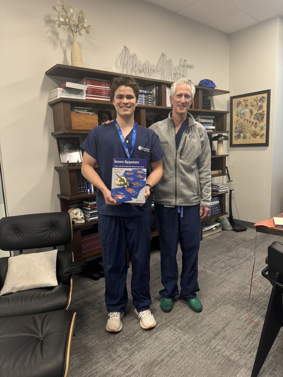 LeoBrennerMD's tweet photo. Wrapping up this month as a clinical observer at @BarrowNeuro with @mtlawton. Two years ago, I embroidered Barrow’s logo in my white coat, hoping that one day I’d be here. This month, that dream became reality. Grateful to Dr. Lawton and the team! https://t.co/h0RRke0BhZ