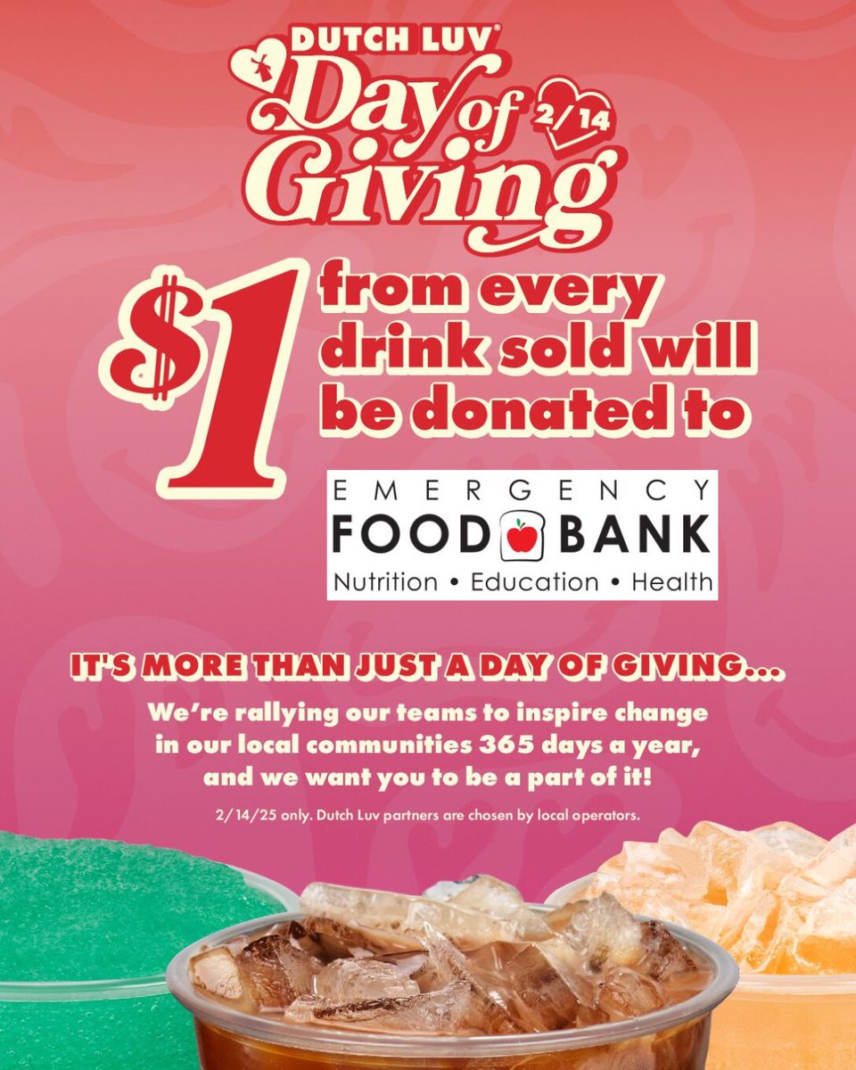 EFBFS's tweet image. ☕Grab your favorite @DutchBrosCoffee drink this February 14 and give back! 

$1 from every drink sold at any Stockton Dutch Bros location will go to The Emergency Food Bank!