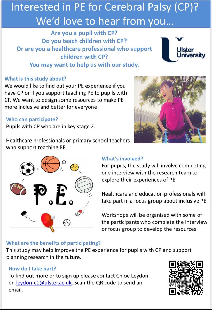 *Research opportunity looking at PE and CP - contact leydon-c1@ulster.ac.uk if interested*
#CerebralPalsy <a href="/UlsterHealthSci/">School of Health Sciences UU</a> <a href="/UlsterUni/">Ulster University</a>