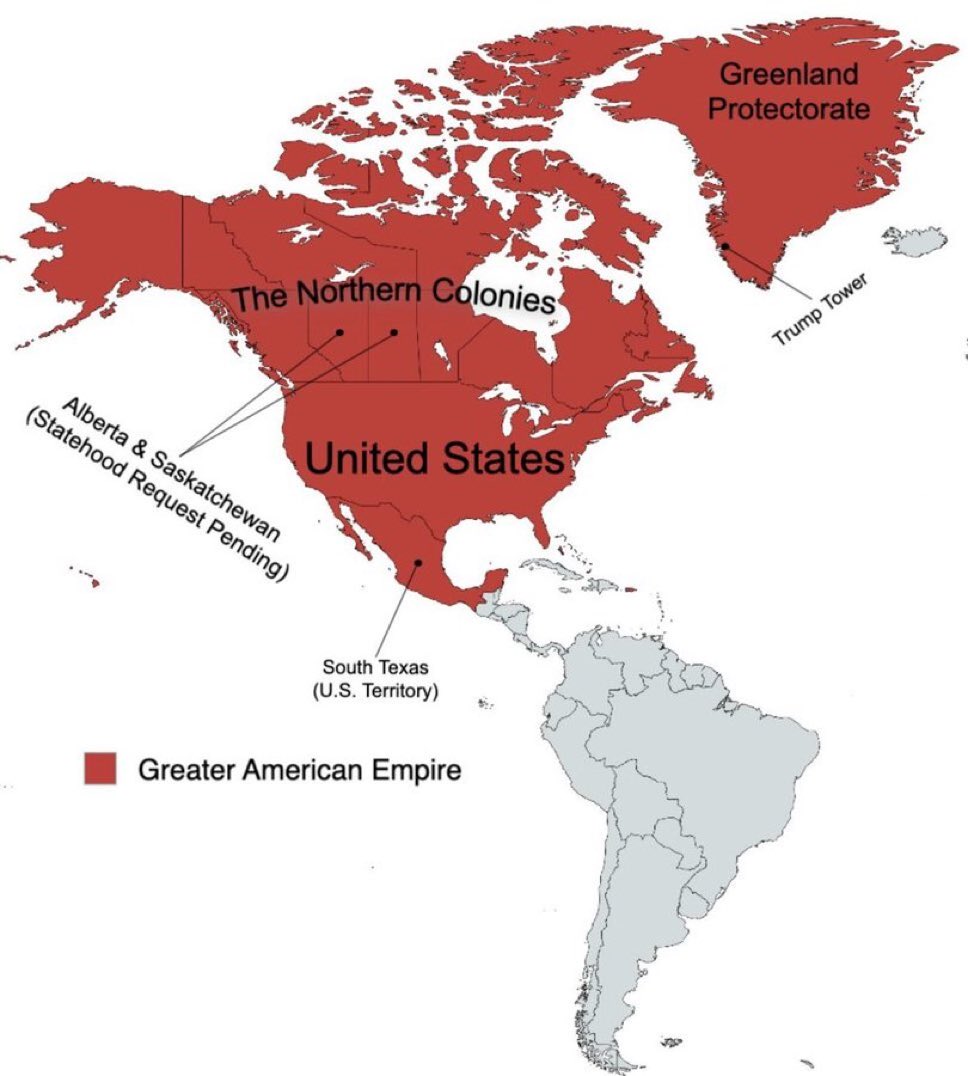 "Greater American Empire" Vision
Trump shares inherent blueprint to unite Canada (🌲🛢️), Mexico (👷♂️💼), &amp; Greenland (🔋⛽) under U.S. leadership.
Peaceful union or FORCE? Resources, labor, energy SECURED. Russia/China silenced.
🔥 #NewWorldOrder loading #AmericaFirst