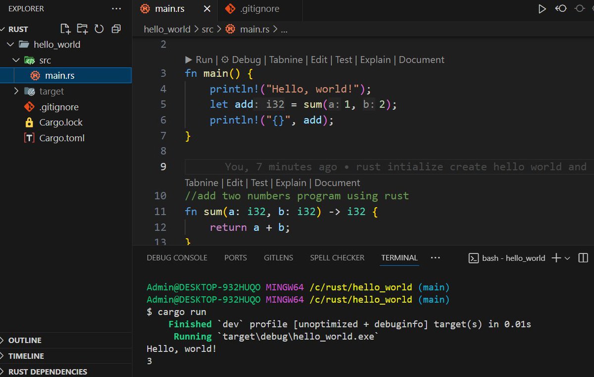 dippakkcoder_01's tweet image. Day 1
I started learning the Rust programming language.
I set up the basic Rust dependencies,
Installing the Rust compiler locally
Installing the VS Code extension
CodeLLDB and Rust
Additionally, I created a Hello, World! program and a sum program.
#rustlang #100DaysOfCode #code