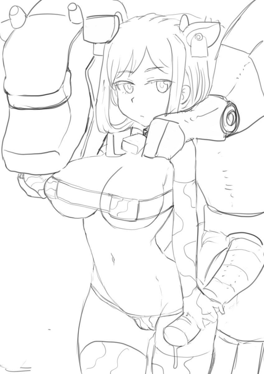 リタさんとウシ型アニマ供給メカの絵です。 