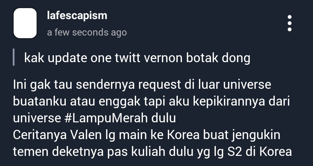 lafescapism's tweet photo. ❓ kak update one twitt vernon botak dong
💬  #LampuMerah Videonya itu ceritanya sw Valen https://t.co/BU3E8BJ8hp https://t.co/M6M5xUZbQR