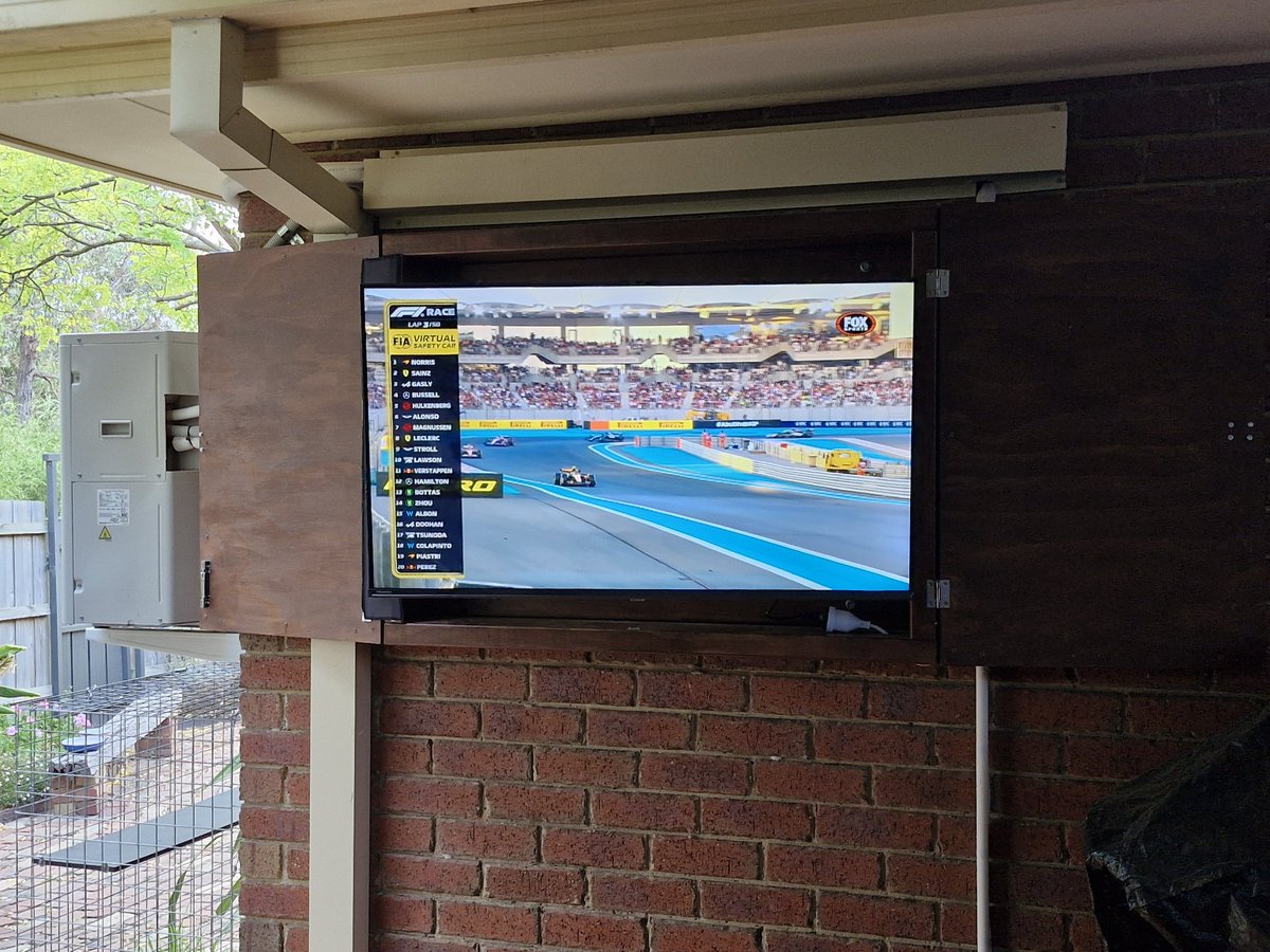 After a year of success with the patio TV cabinet protecting the old FB Marketplace cheapie, it was time to upgrade. Of course I had to test it out in preparation for the F1 season...
