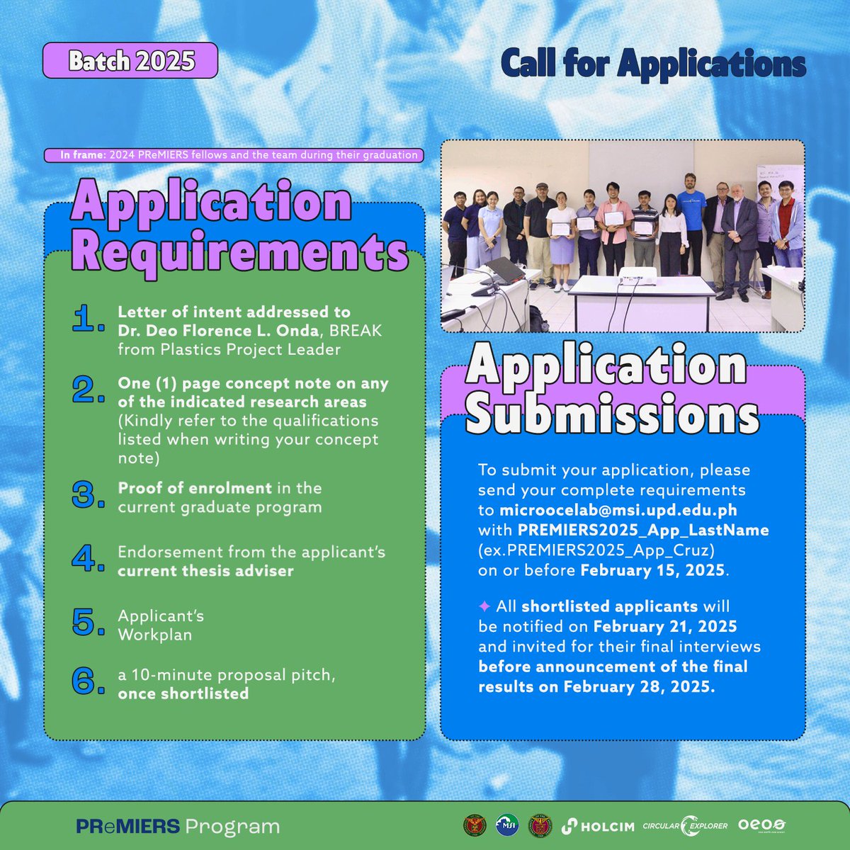 MicroOcePH's tweet photo. One week left to apply for a chance to be part of the second batch of PReMIERS!

Send your applications and necessary documents to microocelab@msi.upd.edu.ph on or before February 15, 2025. See posters below for more information on the program. Apply now!

#PReMIERS https://t.co/sLk8dTD7ZS