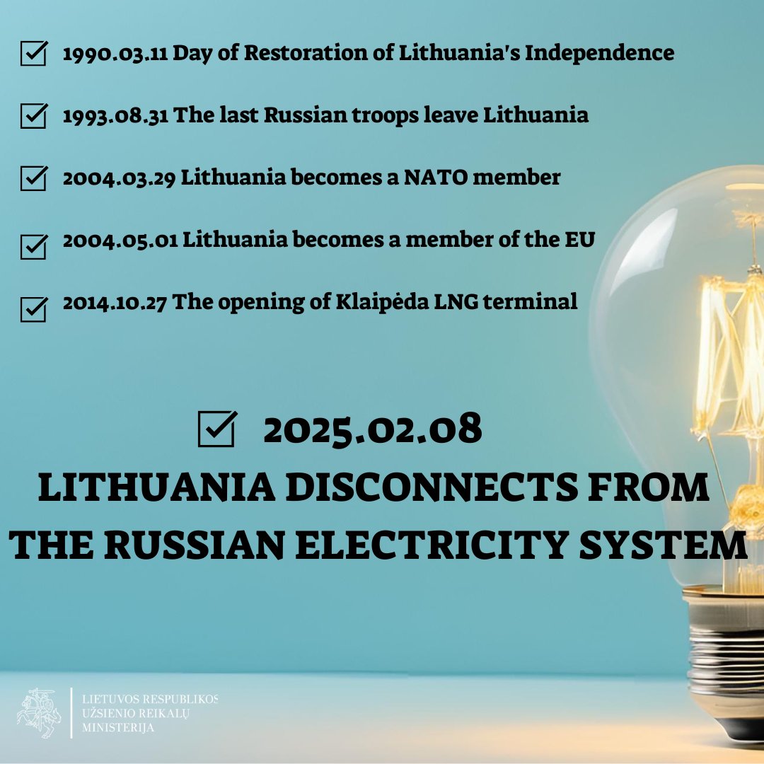 Today we are disconnecting from #BRELL electricity system – this is the most important step in the history of independent Lithuanian energy. Synchronising with the European electricity system will ensure energy security, stability and reliability for 🇱🇹, 🇱🇻&amp; 🇪🇪. What a big day!