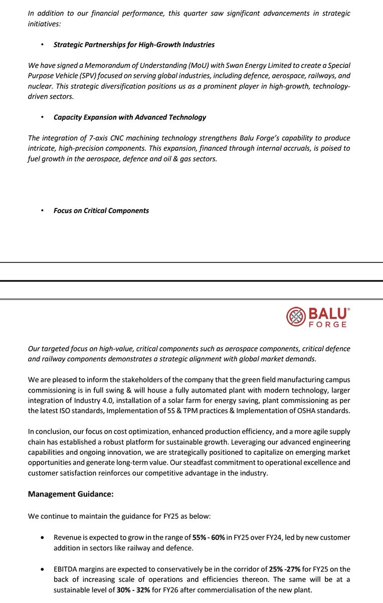 nid_rockz's tweet image. Balu Forge 
#BaluForge

Good Q3FY25 with highest ever revenue, EBITDA, PBT and PAT in comps history 👏

Rev at 256cr⏫74%

EBITDA at 68cr vs 33cr⏫108%
OPM at 26.47% vs 22.24%

PAT at 59cr vs 25cr⏫134%

New greenfield commisioning in full swing 

Integration of 7 axis CNC