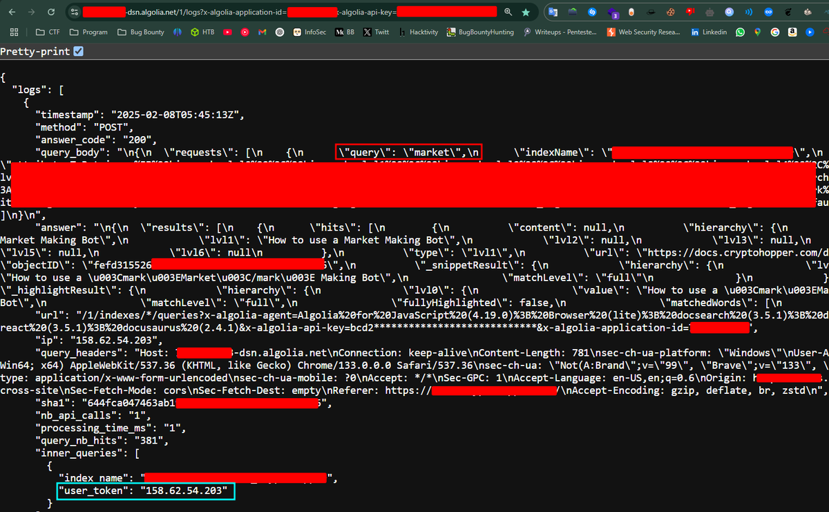 Algolia API Key Exposure Leading to Web log access Create, Read, Update, Delete (CRUD), I can see what they are searching on webapp 

Tips: Always check main.js files 
#bugbountytip