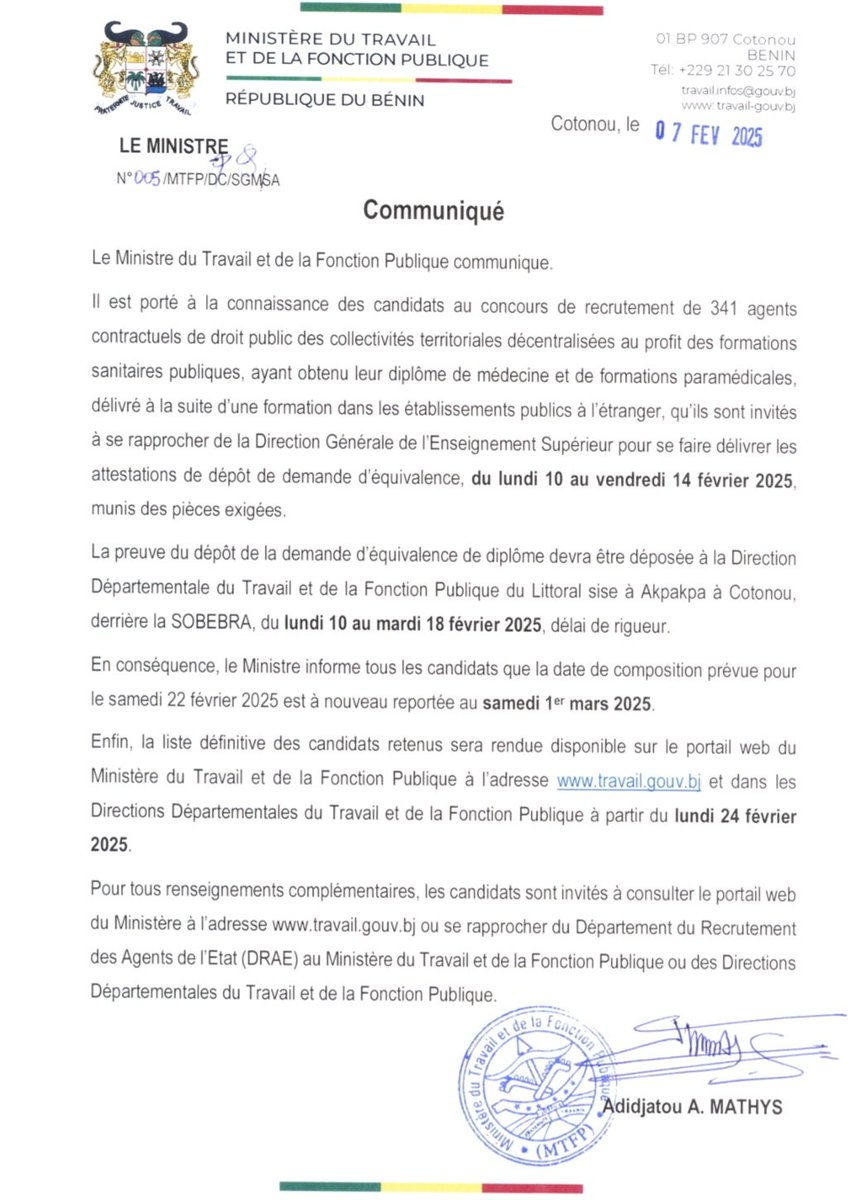gouvbenin's tweet image. 🚨 Communiqué du #MTFP relatif au report, au Samedi 01 mars 2025, de la date du Concours de recrutement de 341 Agents Contractuels de Droit Public des Collectivités territoriales décentralisées au profit du Ministère de la Santé préalablement prévu pour le Samedi 22 février 2025