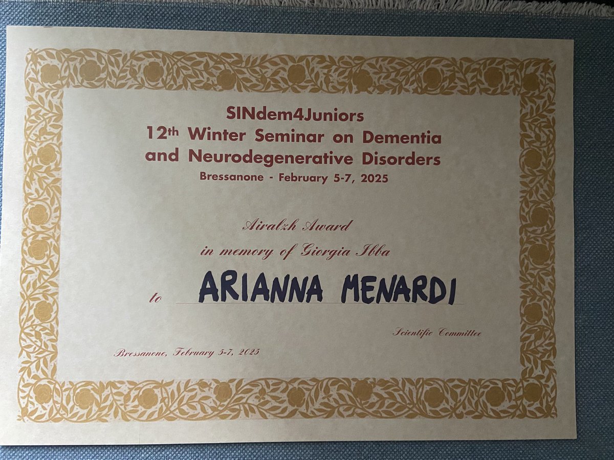 Honoured of receiving the AirAlzh Award in memory of Giorgia Ibba during the 12th Edition of SINdem 4 juniors! Thansk to all the collaborators to this exiting project!