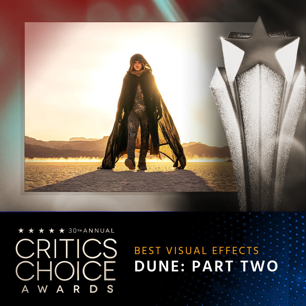 CriticsChoice's tweet photo. Congratulations to Dune: Part Two, winner of the Critics Choice Award for Best Visual Effects.  #CriticsChoice #CriticsChoiceAwards #Dune
@eentertainment https://t.co/daRQ7HgjUA
