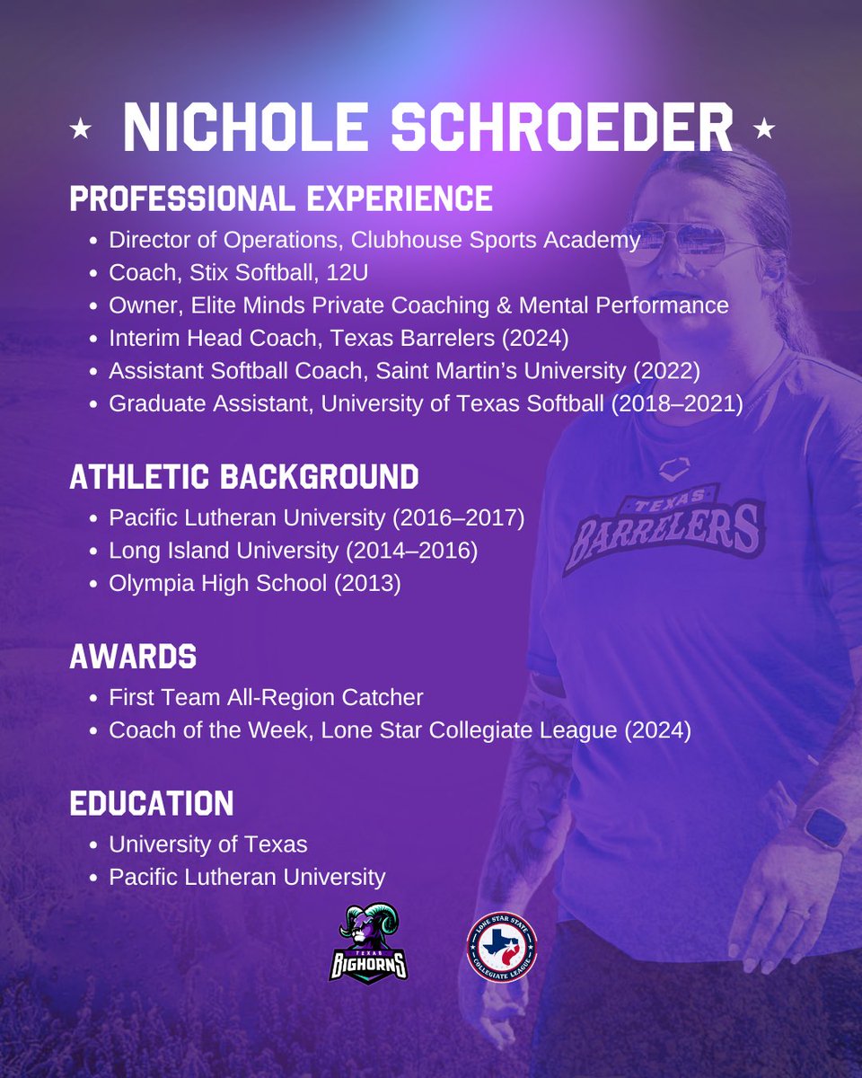 We’re excited to announce <a href="/Nicoleschroe/">Nicole Schroeder</a> as the Head Coach for the Big Horns’ 2025 season! Coach Nichole made a huge impact last year as the Barrelers’ Assistant Coach, earning the Coach of the Week.She brings top-tier expertise in hitting, pitching, catching, &amp; mental performance