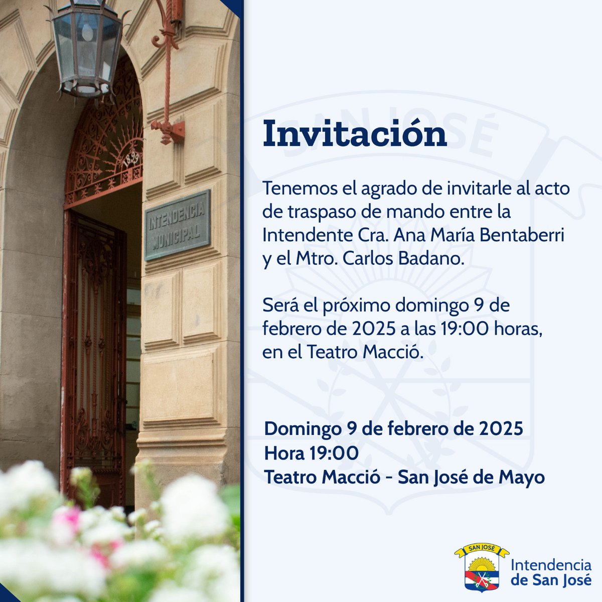 Ceremonia de traspaso de mando
Domingo 9 de febrero de 2025
Hora 19:00 - Teatro Macció